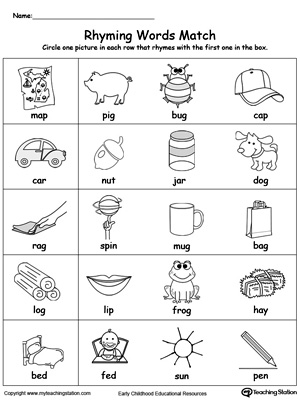 Kindergarten Rhyming Printable Worksheets | MyTeachingStation.com