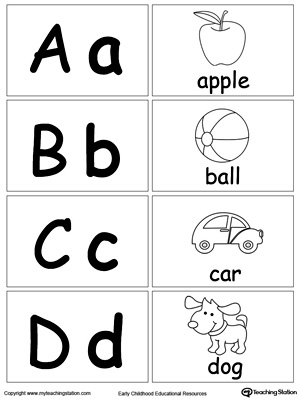 Printable small alphabet letters flashcard: A B C D.
