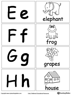 Printable small alphabet letters flashcard: E F G H.