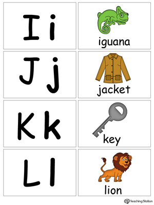 Small alphabet printable flashcards in color for the letters: I J K L.