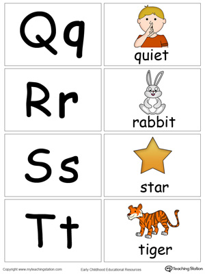 Small alphabet printable flashcards in color for the letters: Q R S T.