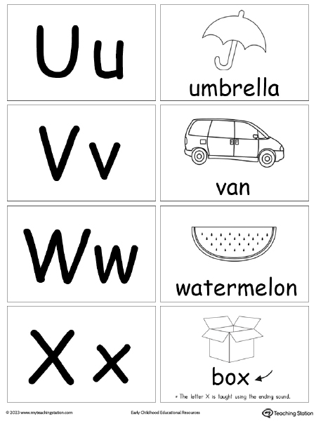 Printable small alphabet letters flashcard: U V W X.