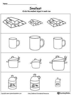 Learn the concept of small, smaller and smallest by identifying the smallest object in this printable worksheet.
