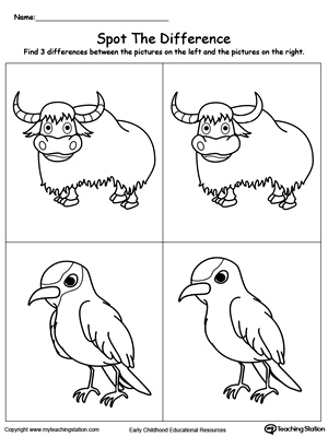 Spot the difference in the yak and xenops pictures in this preschool printable worksheet.