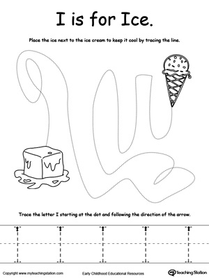 Say the name of the picture (Ice), then trace the lines and the letter I in this pre-writing printable worksheet.