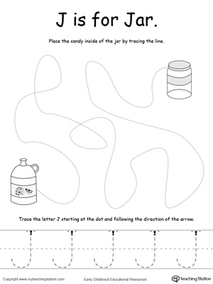 Say the name of the picture (Jar), then trace the lines and the letter J in this pre-writing printable worksheet.