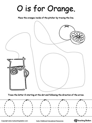 Say the name of the picture (Orange), then trace the lines and the letter O in this pre-writing printable worksheet.