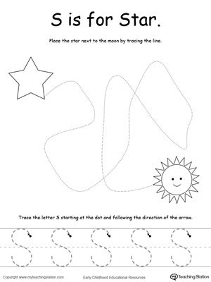 Say the name of the picture (Star), then trace the lines and the letter S in this pre-writing printable worksheet.