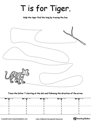 Say the name of the picture (Tiger), then trace the lines and the letter T in this pre-writing printable worksheet.