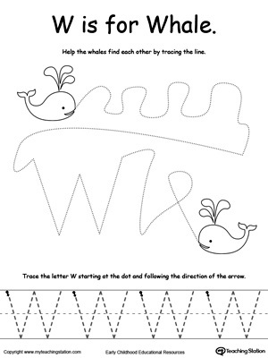 Say the name of the picture (Whale), then trace the lines and the letter W in this pre-writing printable worksheet.