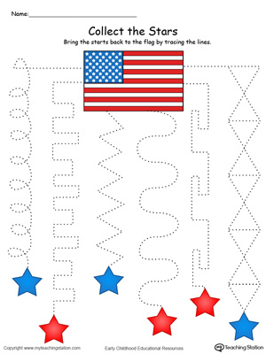 Trace the pattern to collect the stars this pre-writing patriotic printable worksheet in color.