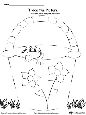 Trace the lines of the picture to draw a bucket with a frog in this preschool printable tracing worksheet.