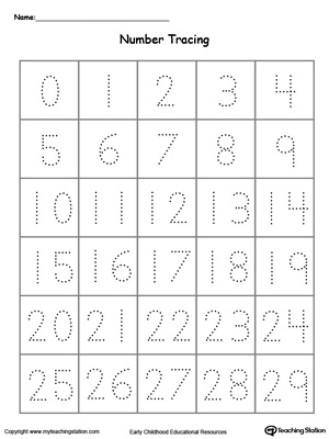 Learn to write and identify numbers by practicing tracing numbers 0 through 29 in this printable worksheet.