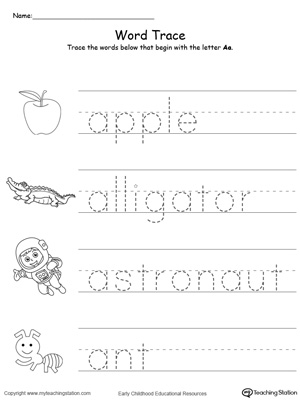 Trace Words That Begin With Letter Sound: A. Preschool learning letter sounds printable activity worksheets.