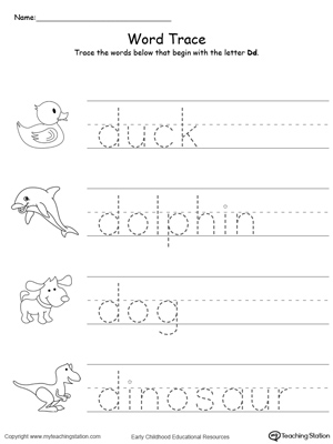 Trace Words That Begin With Letter Sound: D. Preschool learning letter sounds printable activity worksheets.