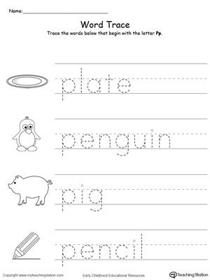Trace Words That Begin With Letter Sound: P. Preschool learning letter sounds printable activity worksheets.