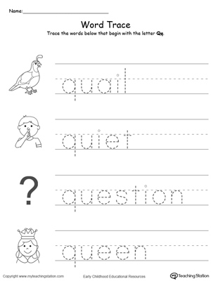 Trace Words That Begin With Letter Sound: Q