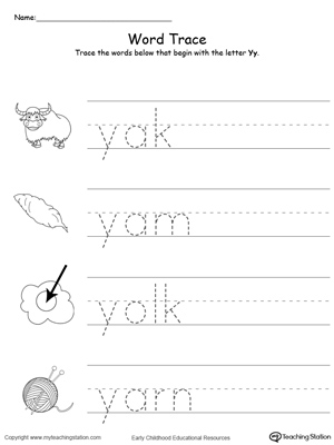 Trace Words That Begin With Letter Sound: Y. Preschool learning letter sounds printable activity worksheets.