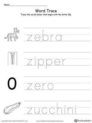 Trace Words That Begin With Letter Sound: Z. Preschool learning letter sounds printable activity worksheets.