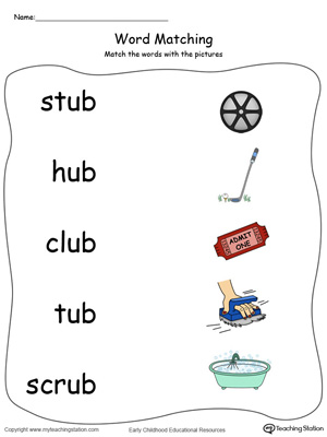 UB Word Family Picture and Word Match in Color. Identifying words ending in  –UB by matching the words with each picture.