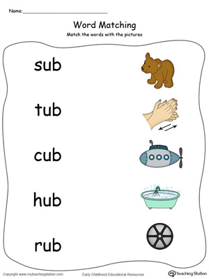 UB Word Family Picture Match in Color. Identifying words ending in  –UB by matching the words with each picture.