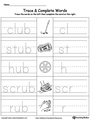 Trace then write the words themselves in this UB Word Family Trace and Write printable worksheet.