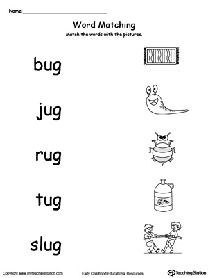 UG Word Family Picture and Word Match. Identifying words ending in  –UG by matching the words with each picture.
