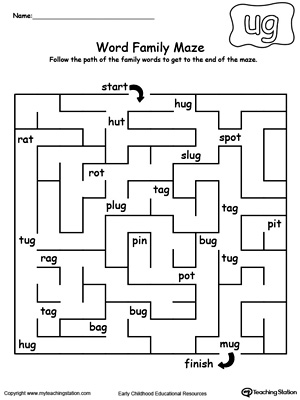 Practice thinking skills and word patterns with this UG Word Family maze printable worksheet.