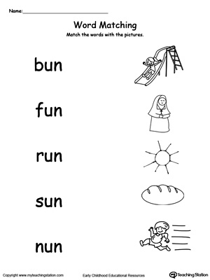 UN Word Family Picture and Word Match. Identifying words ending in  –UN by matching the words with each picture.