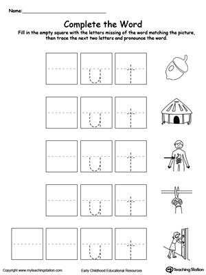 Complete the beginning sound of words in this UT Word Family printable worksheet.