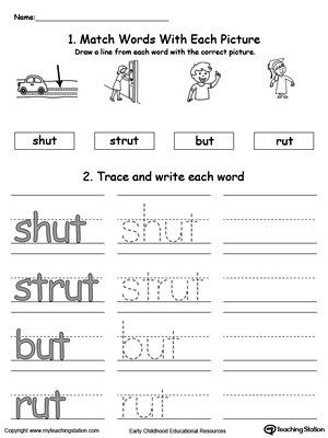 Identify, trace and write words in this UT Word Family printable worksheet.