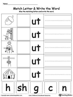 Place the missing letter in this beginning sound UT Word Family printable worksheet.
