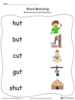UT Word Family Picture and Word Match in Color. Identifying words ending in  –UT by matching the words with each picture.