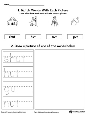 Practice tracing, drawing and recognizing the sounds of the letters UT in this Word Family printable.