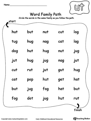 Find and circle words in this UT Word Family path printable worksheet.