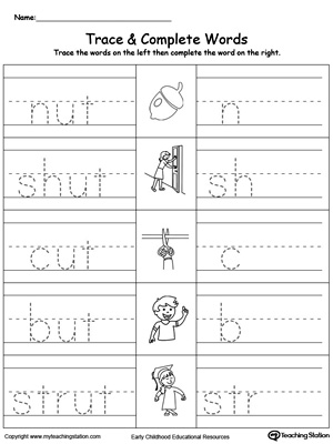 Trace then write the words themselves in this UT Word Family Trace and Write printable worksheet.
