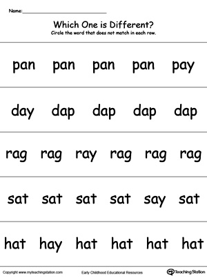 Identify which word is different in this AY Word Family printable worksheet.