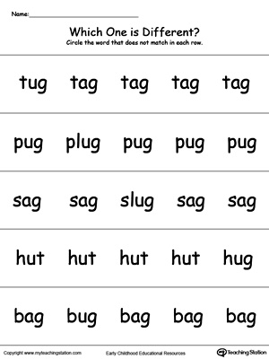 Identify which word is different in this UG Word Family printable worksheet.