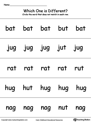 Identify which word is different in this UT Word Family printable worksheet.
