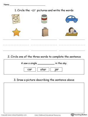 Circle pictures, trace words and draw in this AR Word Family printable worksheet in color.