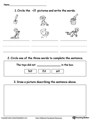 Circle pictures, trace words and draw in this IT Word Family printable worksheet.