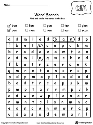Practice thinking skills and spelling with an easy  AN Word Family pattern in this Word search puzzle printable worksheet.