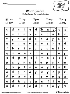 Practice thinking skills and spelling with AY Word Family Word search puzzle in this printable worksheet.