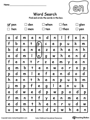 Practice thinking skills and spelling with EN Word Family Word search puzzle in this printable worksheet.