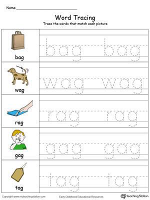Trace and write short words with this AG Word Family printable worksheet in color.