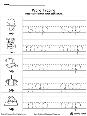 Practice tracing and writing short words with this AP Word Family printable worksheet.