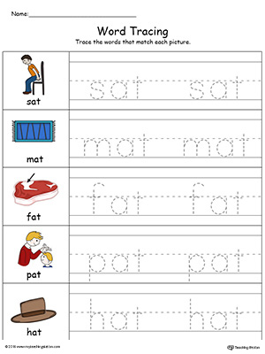 Trace and write short words with this AT Word Family printable worksheet in color.
