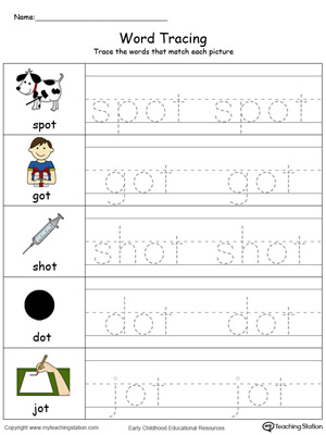 Trace and write short words with this OT Word Family printable worksheet in color.