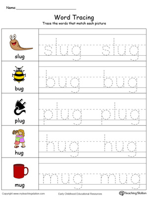 Trace and write short words with this UG Word Family printable worksheet in color.