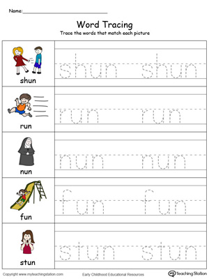 Trace and write short words with this UN Word Family printable worksheet in color.